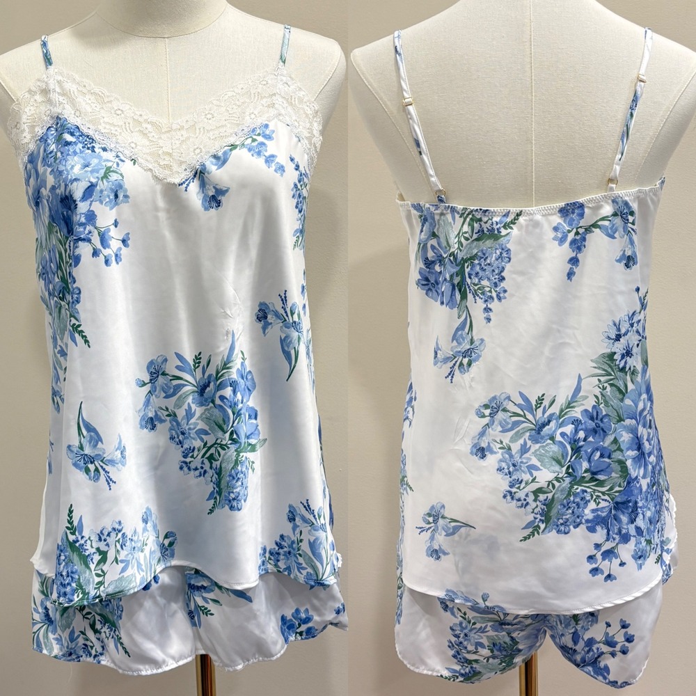 Flora Nikrooz 3pc Satin Pajama Set‎ Robe Camisole Shorts Blue Floral Medium New - Picture 2 of 16